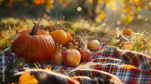 A large orange pumpkin and smaller pumpkins rest on a plaid blanket with red apples and a pear, all nestled in fallen autumn leaves with a blurred background of golden trees.