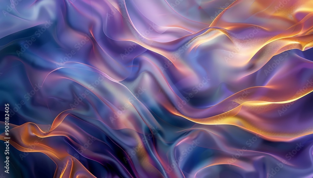 Obraz premium Smooth abstract waves with gradient lighting, blending blue, purple, and golden hues, creating a flowing, dynamic effect