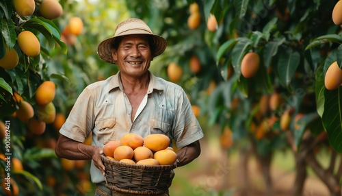 Smiling farmer holding a basket of ripe mangoes, surrounded by fruitladen trees in a vibrant orchard photo