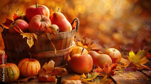 A wooden basket overflowing with red apples and pears sits on a wooden surface surrounded by fallen autumn leaves. The basket is slightly tilted, with some of the fruits spilling out onto the leaves. 
