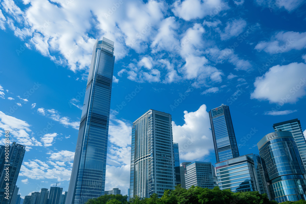Skyscrapers Reaching into a Bright Blue Sky with White Clouds on a Sunny Day Skyscrapers Reaching into a Bright Blue Sky with White Clouds on a Sunny Day