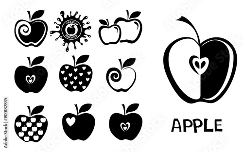 Set of apple icon isolated on white background. Fruits icon and Fruit logo design fresh fruits, nature food. Vector illustration. Whole and sliced garden fruit. Abstract flat design drawn healthy food