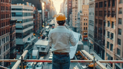 Construction Engineer on Scaffolding Reviewing Blueprints, City Street Below