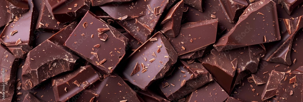 Top view of dark chocolate pieces creating an intricate and textured background. Perfect for dessert and food styling projects. Top view of dark chocolate pieces creating an intricate and textured background. Perfect for dessert and food styling projects.