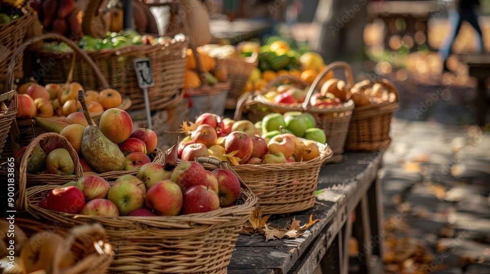 A row of wicker baskets, overflowing with red apples and yellow pears, are arranged on a wooden stall at a bustling outdoor market. The fruits are nestled amongst fallen autumn leaves, creating a vibr A row of wicker baskets, overflowing with red apples and yellow pears, are arranged on a wooden stall at a bustling outdoor market. The fruits are nestled amongst fallen autumn leaves, creating a vibr