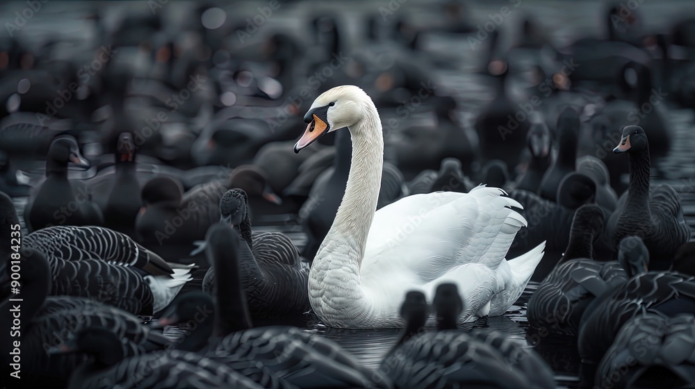 Fototapeta premium Elegant White Swan Standing Out in a Group of Black Swans