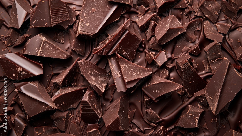Top view of dark chocolate chunks forming an intricate and appealing background. Ideal for gourmet food concepts. Top view of dark chocolate chunks forming an intricate and appealing background. Ideal for gourmet food concepts.
