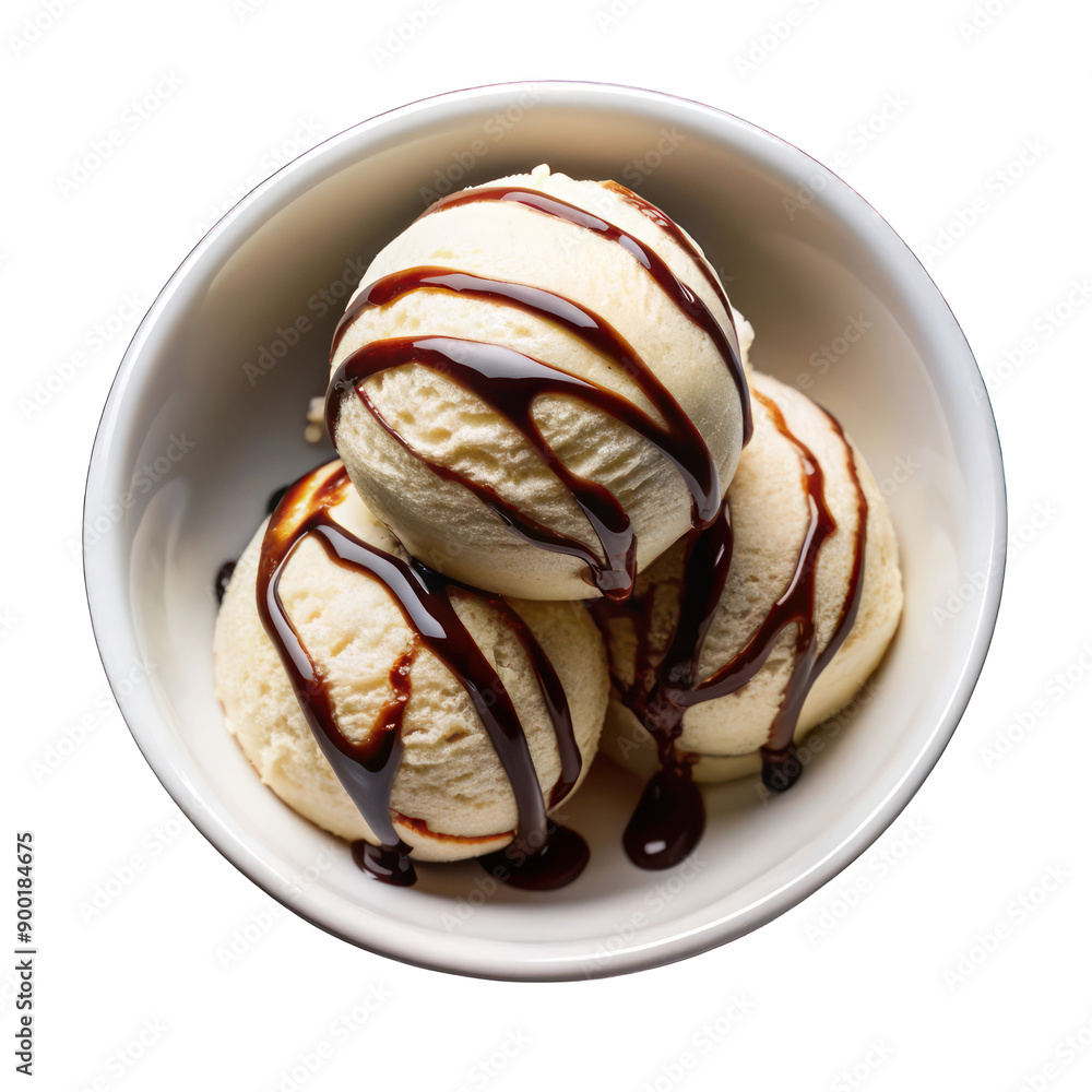 Vanilla ice cream with chocolate drizzling on white bowl on transparent background Vanilla ice cream with chocolate drizzling on white bowl on transparent background