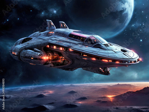 Realistic alien spaceship flying in space past a planet and over dusty terrain with engines glowing orange