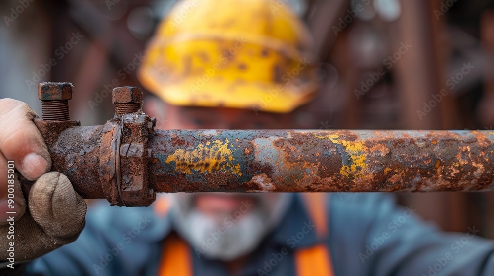 A close-up of a rusty pipe held by a worker wearing a hard hat, symbolizing industrial labor and maintenance work. A close-up of a rusty pipe held by a worker wearing a hard hat, symbolizing industrial labor and maintenance work.