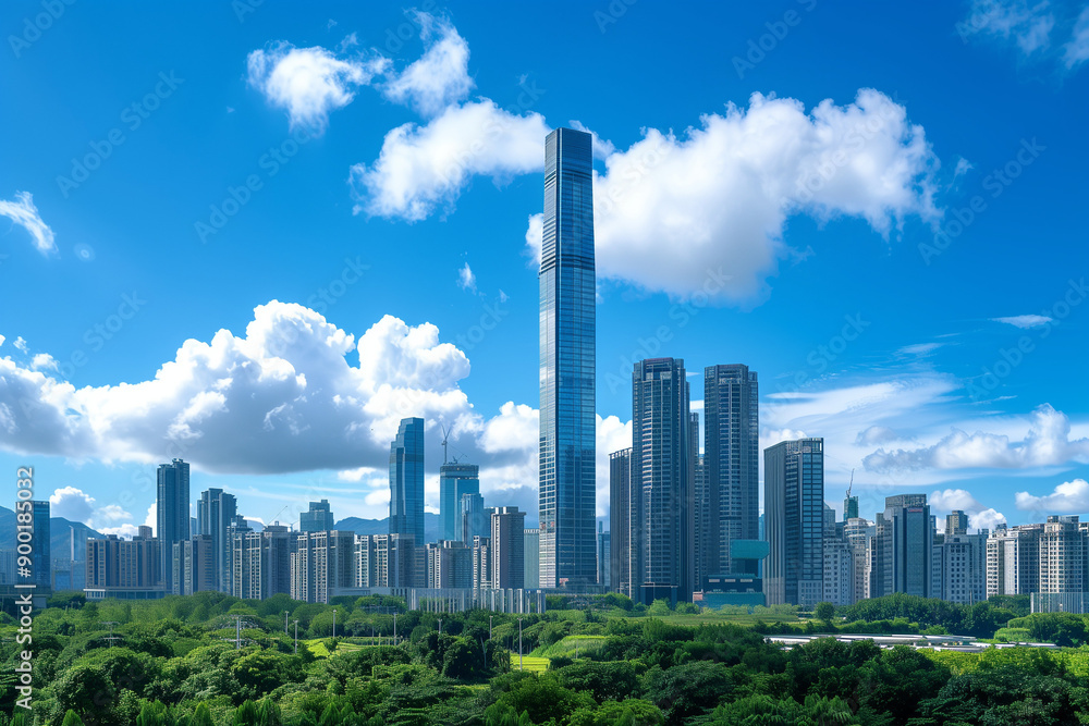 Skyscrapers Reaching into a Bright Blue Sky with White Clouds on a Sunny Day Skyscrapers Reaching into a Bright Blue Sky with White Clouds on a Sunny Day
