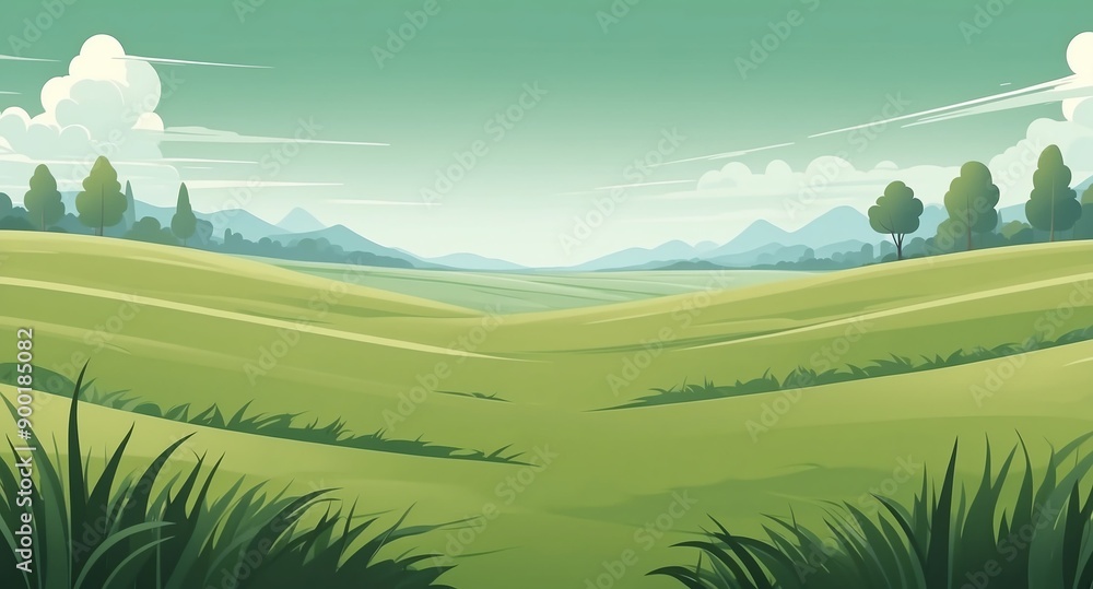 Fototapeta premium plain grass land with green sky landscape flat cartoon style illustration design background copy space backdrop