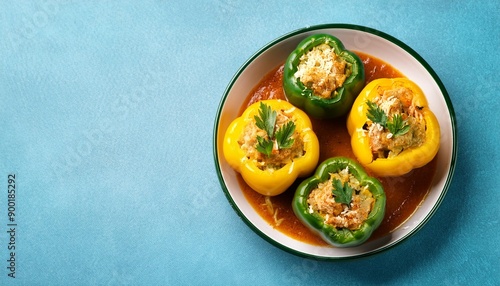 Tasty dish stuffed bell peppers on blue background