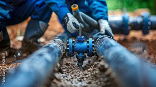 A worker installing a valve on a black pipeline in a construction site, emphasizing precision and industrial craftsmanship. photo