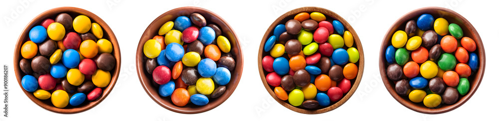 Colorful chocolate candies in wooden bowl. PNG set Colorful chocolate candies in wooden bowl. PNG set