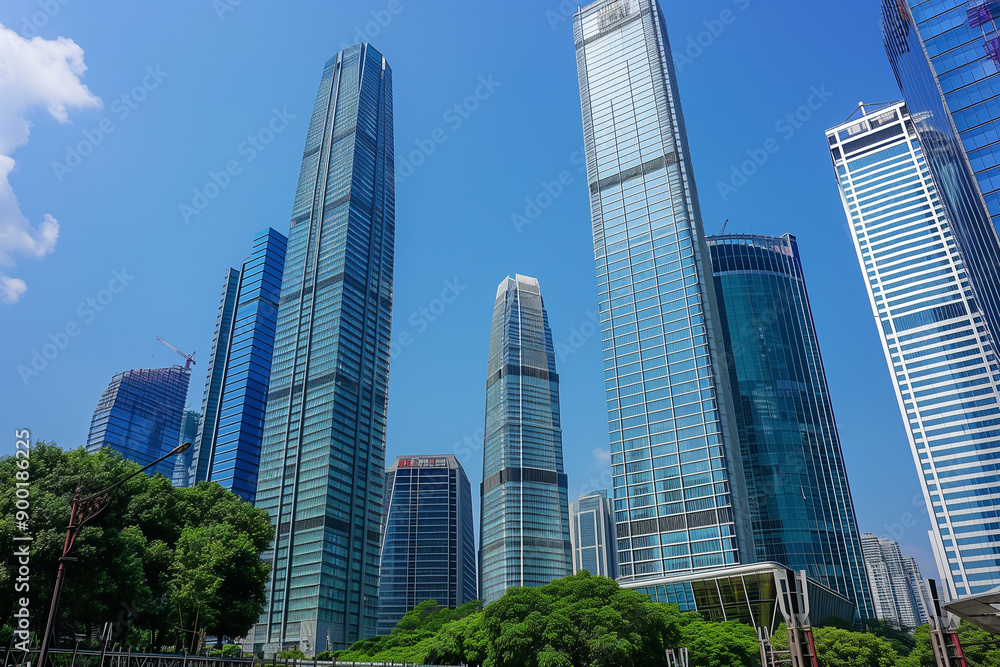 Skyscrapers Reaching into a Bright Blue Sky with White Clouds on a Sunny Day Skyscrapers Reaching into a Bright Blue Sky with White Clouds on a Sunny Day