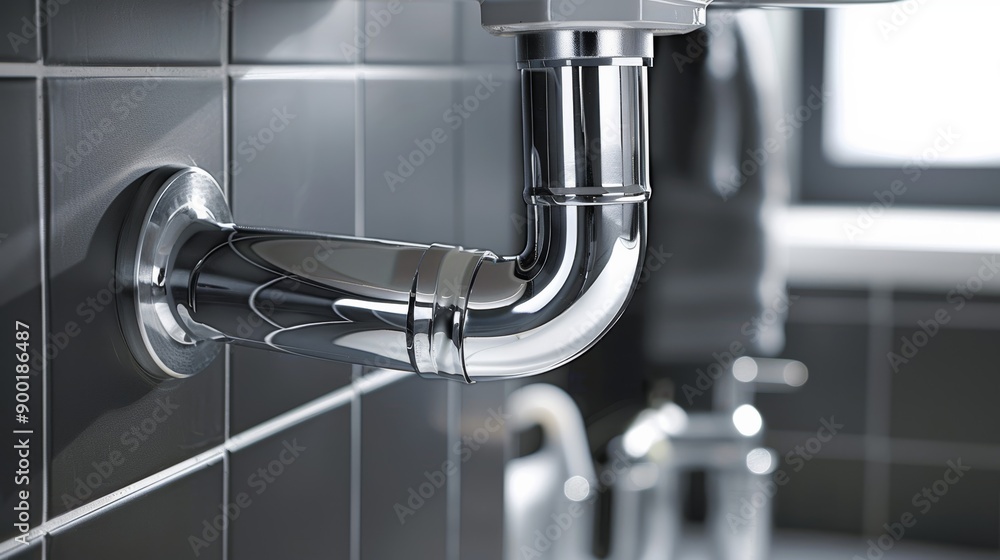 Close-up of a modern chrome plumbing pipe fitting against a sleek tiled wall, showcasing contemporary design and functionality. Close-up of a modern chrome plumbing pipe fitting against a sleek tiled wall, showcasing contemporary design and functionality.