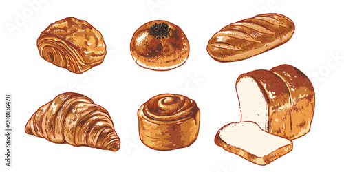 Croissant and Bread in Hand-drawn style set , Bakery sketch. Drawing of food elements. fresh baked bread , badge bakery for design menu cafe, label and packaging Vector illustration