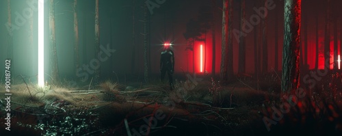 Wallpaper Mural  Mysterious gloomy autumn forest. Background for Halloween decoration.Horror landscape of dark forest with scary tree. Magical lights sparkling in mysterious forest at night. Torontodigital.ca