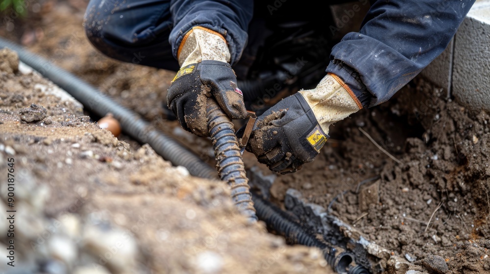 Close-up of a worker's hands repairing a cable in a trench, showcasing construction efforts and attention to detail. Close-up of a worker's hands repairing a cable in a trench, showcasing construction efforts and attention to detail.