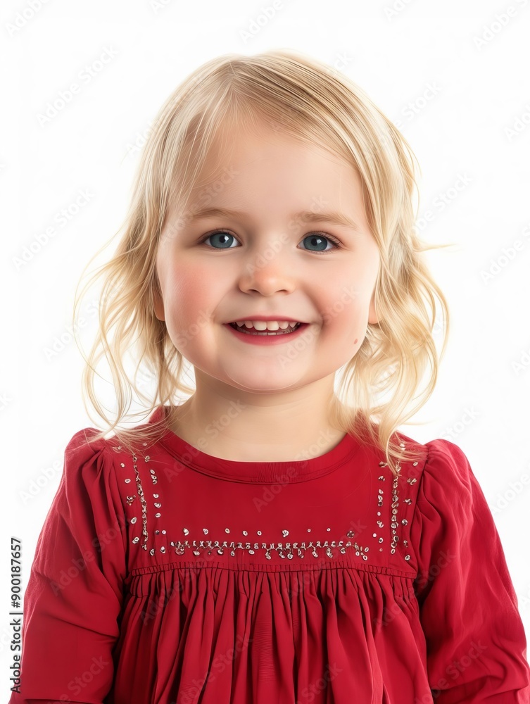 A little girl in a red dress smiles at the camera A little girl in a red dress smiles at the camera