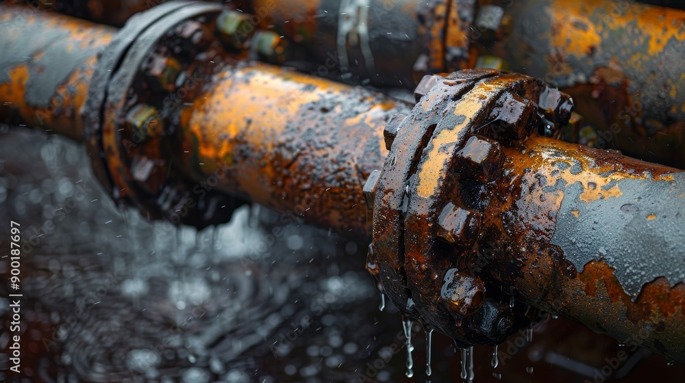Close-up of rusty metal pipes with dripping water, showcasing corrosion and wear in an industrial environment. Close-up of rusty metal pipes with dripping water, showcasing corrosion and wear in an industrial environment.