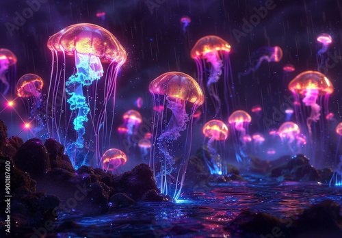 Wallpaper Mural Jellyfish in the ocean are glowing brightly with purple and blue lights. AI. Torontodigital.ca