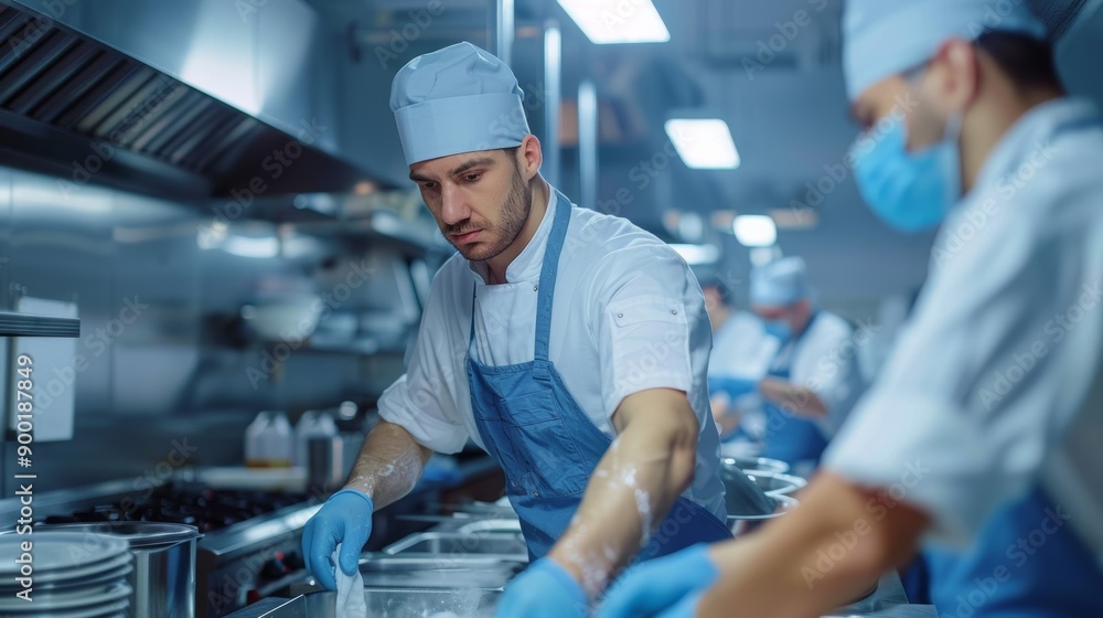 Professional chefs working in a modern kitchen, preparing dishes with attention to hygiene and culinary skill. Professional chefs working in a modern kitchen, preparing dishes with attention to hygiene and culinary skill.