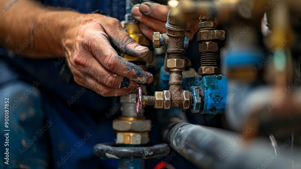 Skilled technician hands working on a complex plumbing system with valves and pipes in close-up detail showcasing craftsmanship. Skilled technician hands working on a complex plumbing system with valves and pipes in close-up detail showcasing craftsmanship.