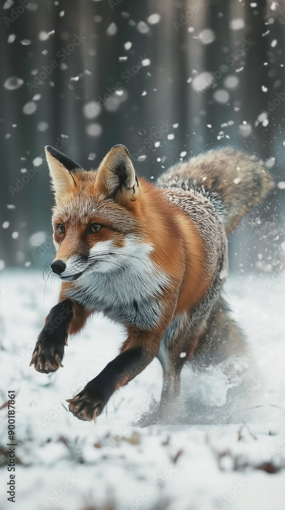 Red fox in the snow running through deep snow, hunting, jumping. Wildlife scene from nature Red fox in the snow running through deep snow, hunting, jumping. Wildlife scene from nature