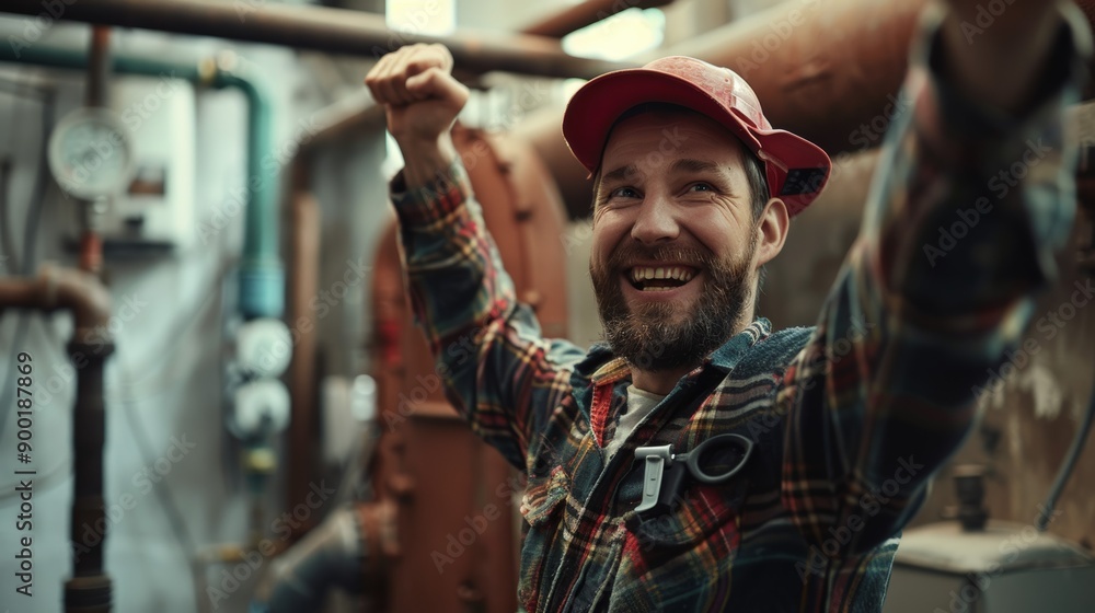Joyful worker celebrating success in a casual setting, wearing a red cap and checkered shirt, surrounded by industrial equipment. Joyful worker celebrating success in a casual setting, wearing a red cap and checkered shirt, surrounded by industrial equipment.