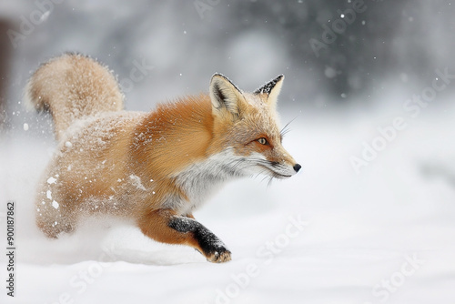 Red fox in the snow running through deep snow, hunting, jumping. Wildlife scene from nature