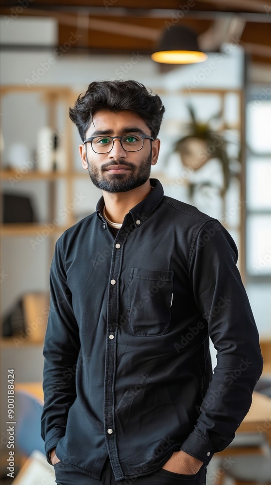 Fototapeta premium A man wearing glasses standing in an office with his hands in his pockets