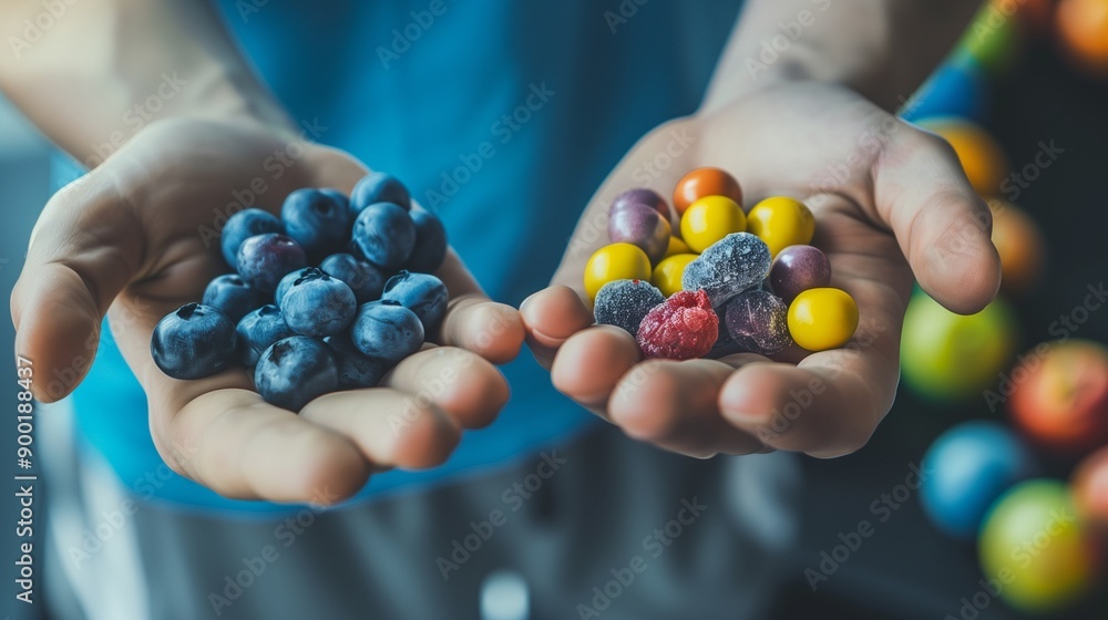 A close-up of one hand holding fresh blueberries while the other holds colorful sweets, symbolizing the choice between healthy and unhealthy eating habits. A close-up of one hand holding fresh blueberries while the other holds colorful sweets, symbolizing the choice between healthy and unhealthy eating habits.
