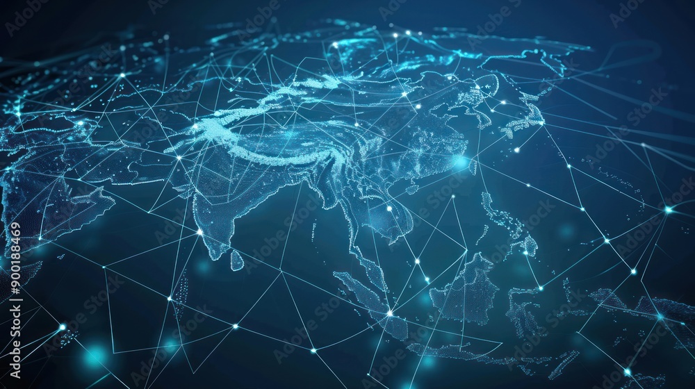A blue world map background with a digital globe and network connections representing technology, global communication, and the internet A blue world map background with a digital globe and network connections representing technology, global communication, and the internet
