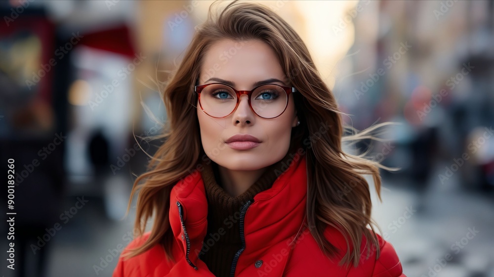 A woman wearing a red jacket and glasses on a city street A woman wearing a red jacket and glasses on a city street