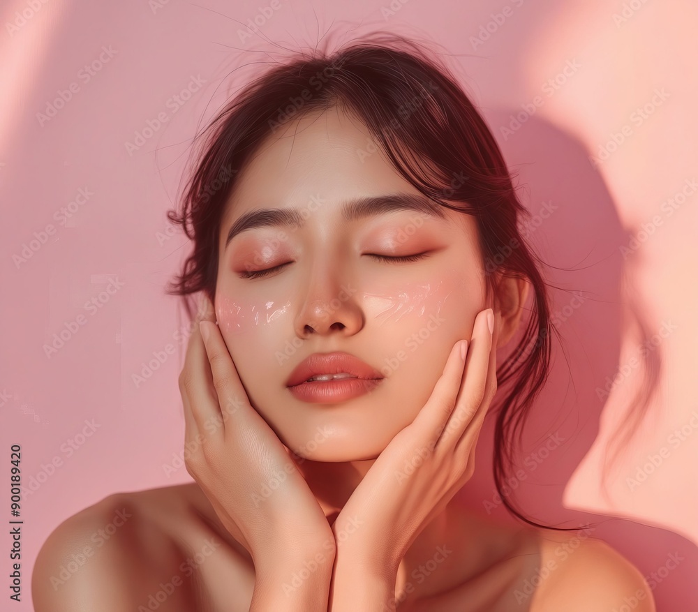 A woman with her eyes closed and her hands on her face A woman with her eyes closed and her hands on her face