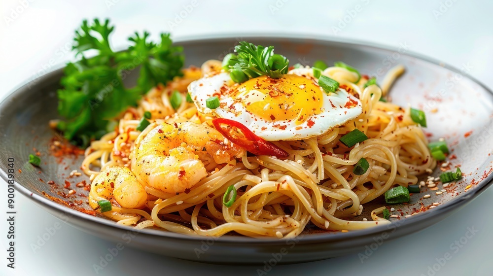 Korean instant noodle with stir fried brisket and onsen egg. Scallion Oil Noodles with fried egg, top and chilli oil, bowl Korean instant noodle with stir fried brisket and onsen egg. Scallion Oil Noodles with fried egg, top and chilli oil, bowl