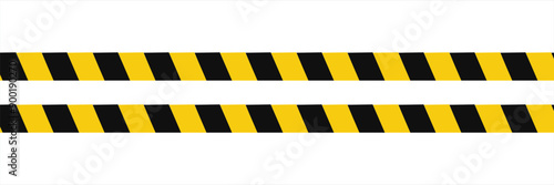 Warning tape with yellow and black diagonal stripes. Warn stop seamless line. Yellow and black caution tape border.