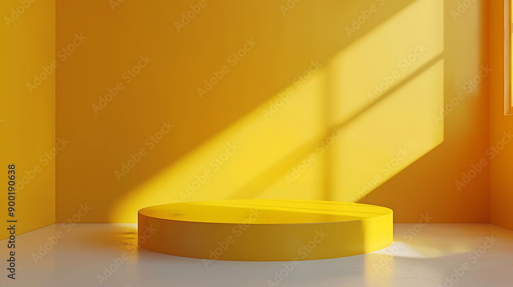 Obraz premium Empty room interior design or yellow pedestal display on vivid background with blank stand. Blank stand for showing product. 3D rendering.