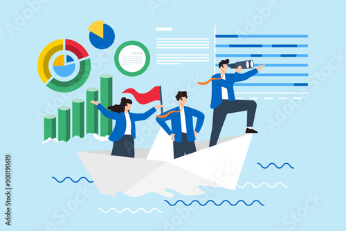 Navigating market trends, strategic foresight, adapting to economic changes, data-driven decision-making concept vector illustration. Analysts sailing on paper boat with financial charts