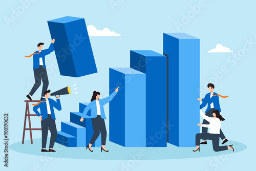 Incremental sales growth, step-by-step strategy development, data-driven progress, achieving business milestones concept vector illustration. Team of analysts constructing staircase of bar graphs
