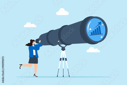 Forecasting market trends, long-term strategic planning, data analysis for future growth, decision-making concept vector illustration. Business analyst using telescope to view financial charts