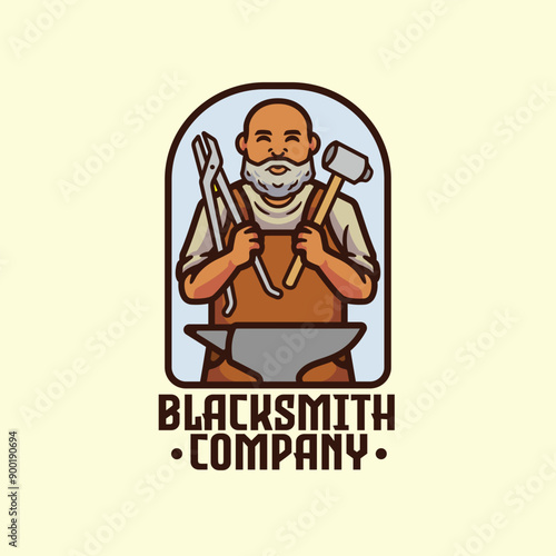 Blacksmith cartoon character and cute mascot illustration logo template vector design