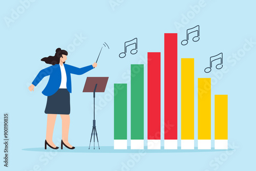 Harmonizing business strategies, orchestrating market growth, data-driven performance, strategic concept vector illustration. Analyst conducting orchestra of bar graphs