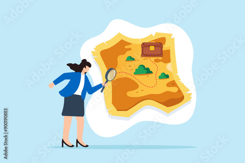 Discovering market opportunities, strategic exploration, insightful analysis, data-driven strategy concept vector illustration. Businesswoman mapping out treasure hunt with data