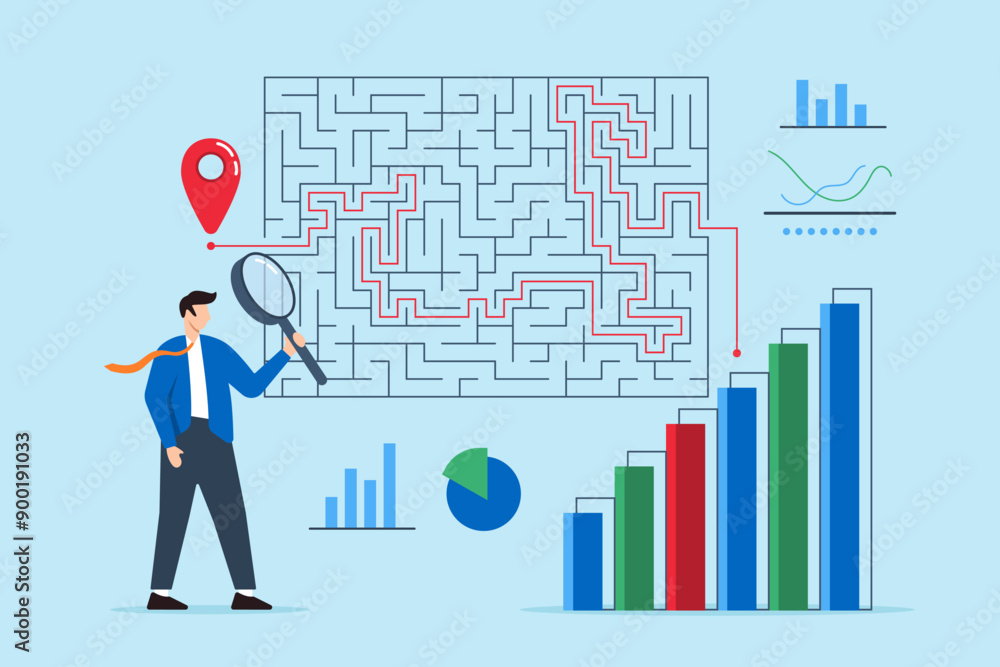 Solving complex market problems, strategic thinking, analytical problem-solving, business challenges concept vector illustration. Analysts navigating maze of financial graphs Solving complex market problems, strategic thinking, analytical problem-solving, business challenges concept vector illustration. Analysts navigating maze of financial graphs