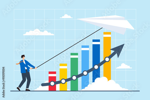 Innovative strategies, strategic agility, data-driven creativity, adapting to market changes concept vector illustration. Business analysts flying paper airplanes with financial charts