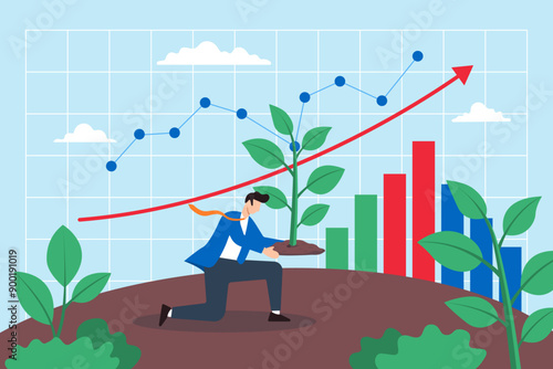 Sowing future business growth, nurturing market strategies, data-driven cultivation, strategic planning concept vector illustration. Analyst planting seeds in data field