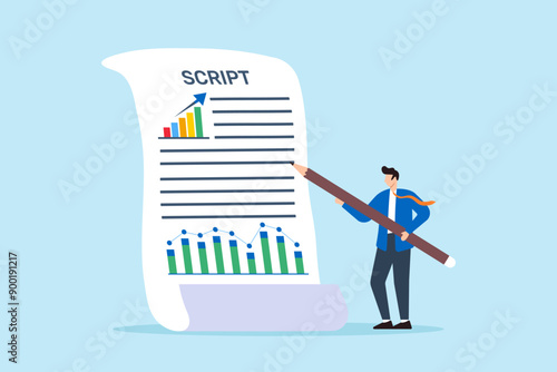 Drafting market strategy, storytelling through analysis, data-driven planning, strategic narrative concept vector illustration. Business analyst writing script with financial data